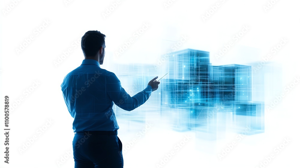 Businessman interacting with digital data interface on white background. Businessman interacting with digital data interface on white background.