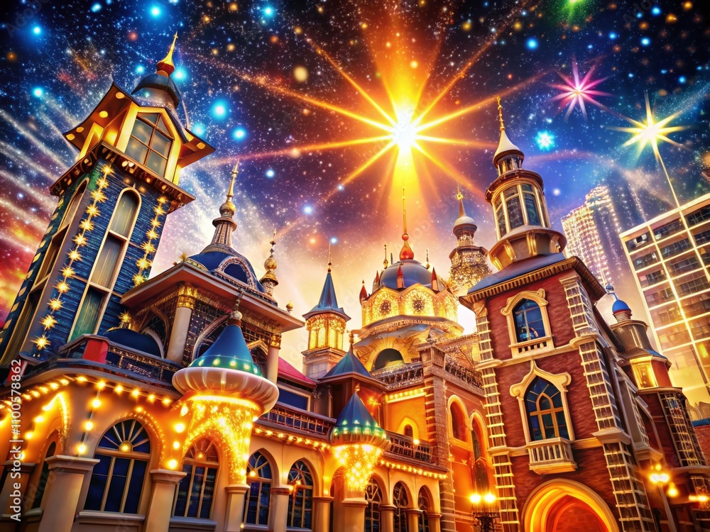 Fototapeta premium Architectural Marvels Illuminated by Star Light: A Captivating Display of Sparkles and Sun Rays in Urban Design