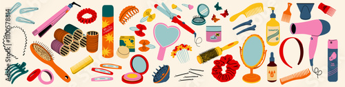 A set of tools and accessories for hair. Hair care. Hairpins, elastic bands, combs, hair dryer.