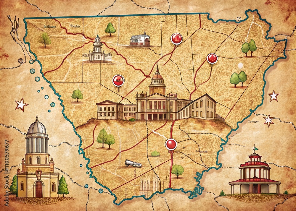 Obraz premium Architectural Photography of a Muscogee County, Georgia Map Illustration in a Scribble Sketch Style, Showcasing the Unique Geography and Layout of this Historic U.S. County