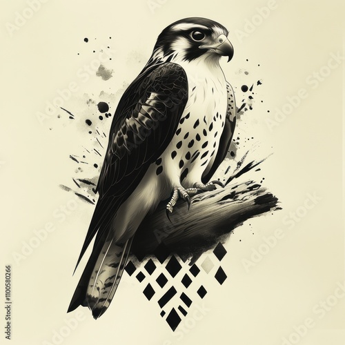 A stylized illustration of a falcon on a branch with abstract splashes in the background. photo