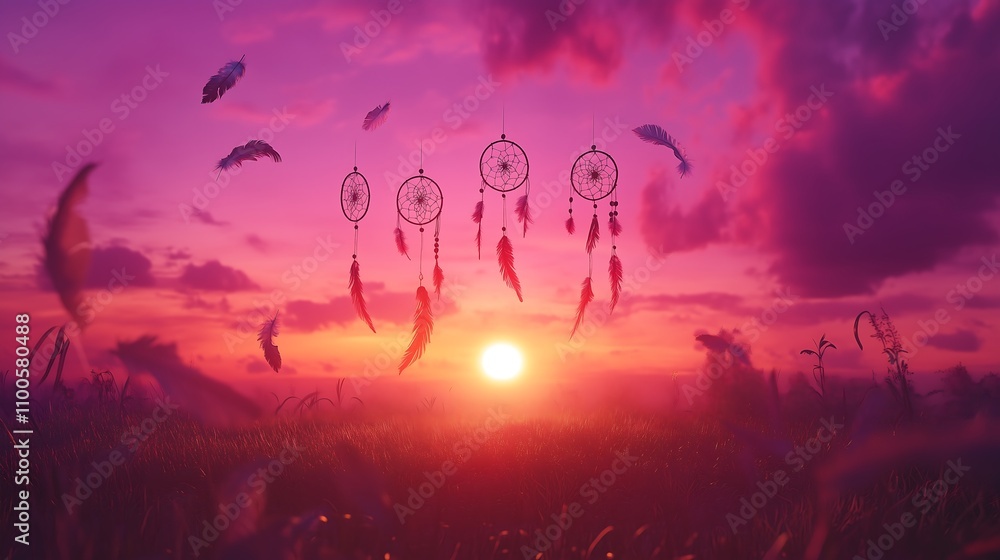 Dreamcatchers swaying in the sunset air, surrounded by vibrant pink and purple hues. Dreamcatchers swaying in the sunset air, surrounded by vibrant pink and purple hues.