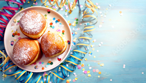 Berliner, Krapfen, Kreppel, mit Luftschlangen und Konfetti  photo