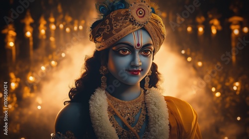 Lord Krishna portrait in religious setting. God of Hinduism looks serene with traditional attire. Ornate golden jewelry adorns. Soft golden light surrounds. Spiritual Hindu deity. Cultural heritage. photo