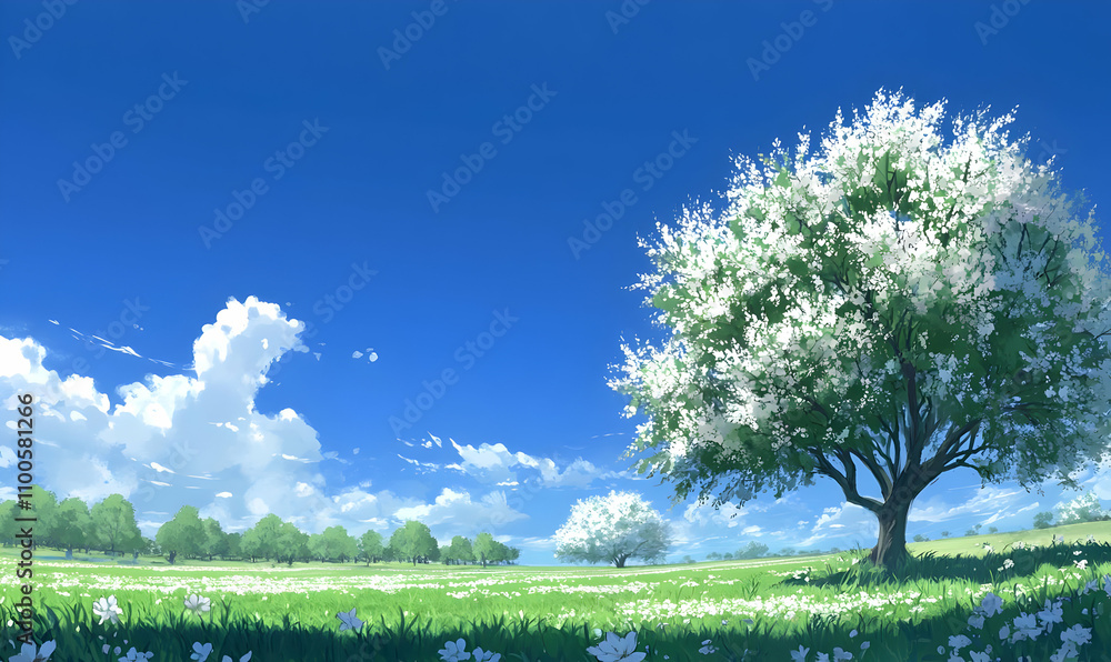 Obraz premium A serene landscape featuring blooming trees under a bright blue sky with fluffy clouds.