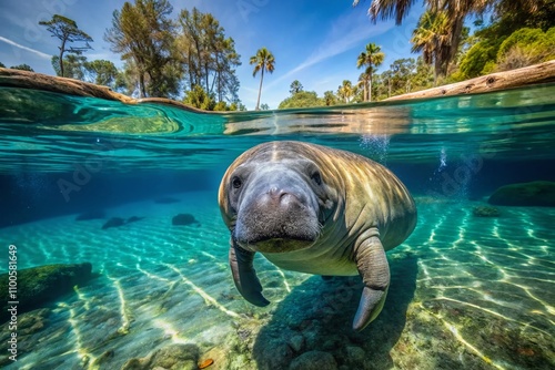 A Serene Moment: A Florida Manatee Gracefully Swimming in the Crystal-Clear Waters of Blue Spring State Park, a Winter Refuge for Manatees in Florida, USA photo