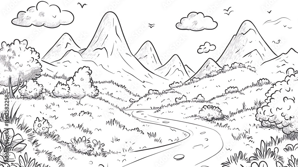 Fototapeta premium A charming children’s coloring page design, doodle-style landscape with mountains, clouds, a field, bushes, and a winding road; cartoon-inspired vector illustration for kids to enjoy