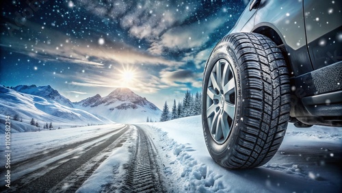 A Snowy Mountain Road with a Close-Up of a Car Tire Gripping the Icy Path Beneath a Dramatic Wintry Sky Showcasing the Beauty of Winter Travel and Adventure