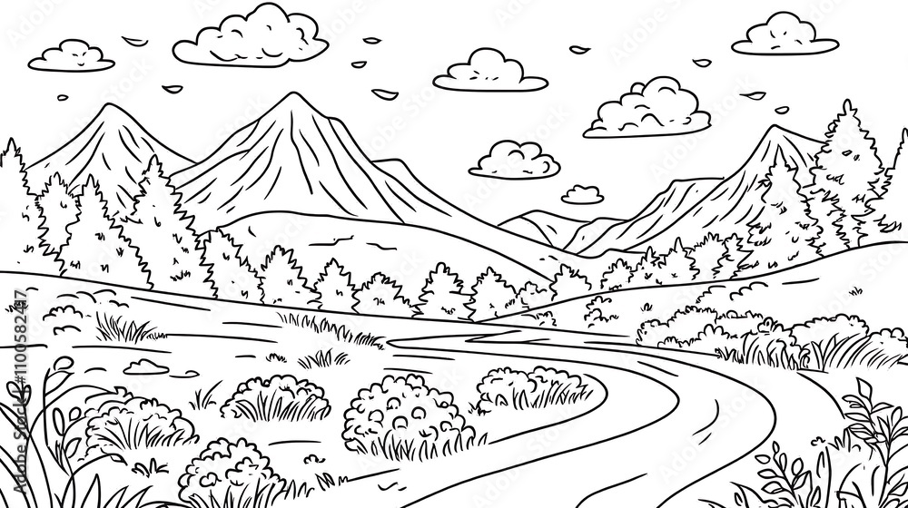 Fototapeta premium A cute kids’ coloring page featuring a scenic landscape with mountains, clouds, a field, bushes, and a winding road; vector hand-drawn illustration in a playful doodle style, perfect for a cartoon col