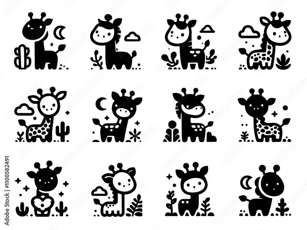 Obraz premium Adorable Giraffe Illustrations Twelve Cute Baby Giraffes. collection of giraffe silhouettes. Set of black and white animals