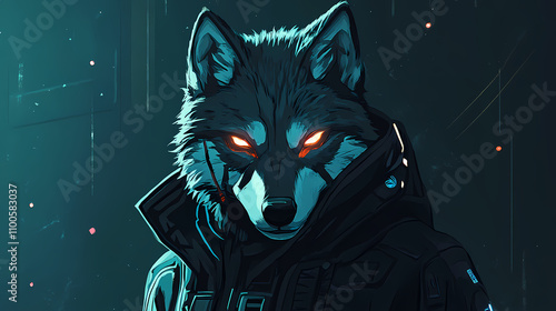 A stylized wolf character in a futuristic outfit with glowing eyes. Futuristic. Illustration photo