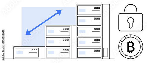 Data servers stacked in ascending order with growth arrow. Bitcoin and lock security symbols indicate secure data storage and cryptocurrency management. Ideal for tech, finance, security, data