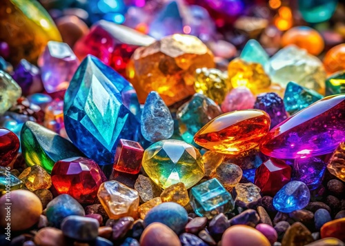A Stunning Long Exposure Capture of a Colorful Pile of Gemstones and Crystals Showcasing Their Symmetric Beauty and Radiant Splendor in an Artistic Display of Color and Light