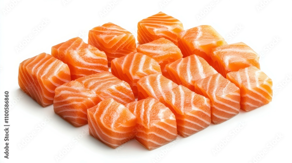 Sashimi slices menu with salmon cubes of varying sizes isolated on a white background. Sashimi slices menu with salmon cubes of varying sizes isolated on a white background.