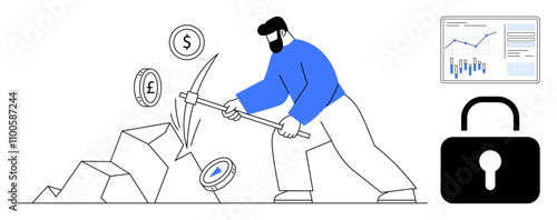 Man mining cryptocurrency with pickaxe, extracting dollar, pound, and cryptocurrency symbols. Financial chart and lock icon in the background. Ideal for finance, cybersecurity, digital assets