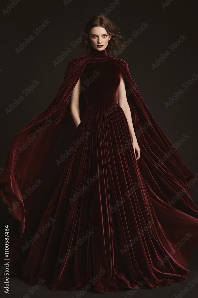 Naklejka premium Dramatische Modefotografie in rotem Samtkleid