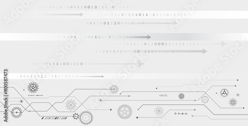 Abstract high-tech communication for presentation or banner. Sci-fi grey background with different technological elements. Science concept, lines, arrows and gear mechanism.