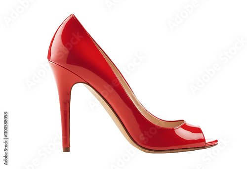 Elegant red high-heeled shoe with a peep toe, perfect for fashion photography, footwear promotions, or showcasing stylish accessories. (Transparent PNG) photo