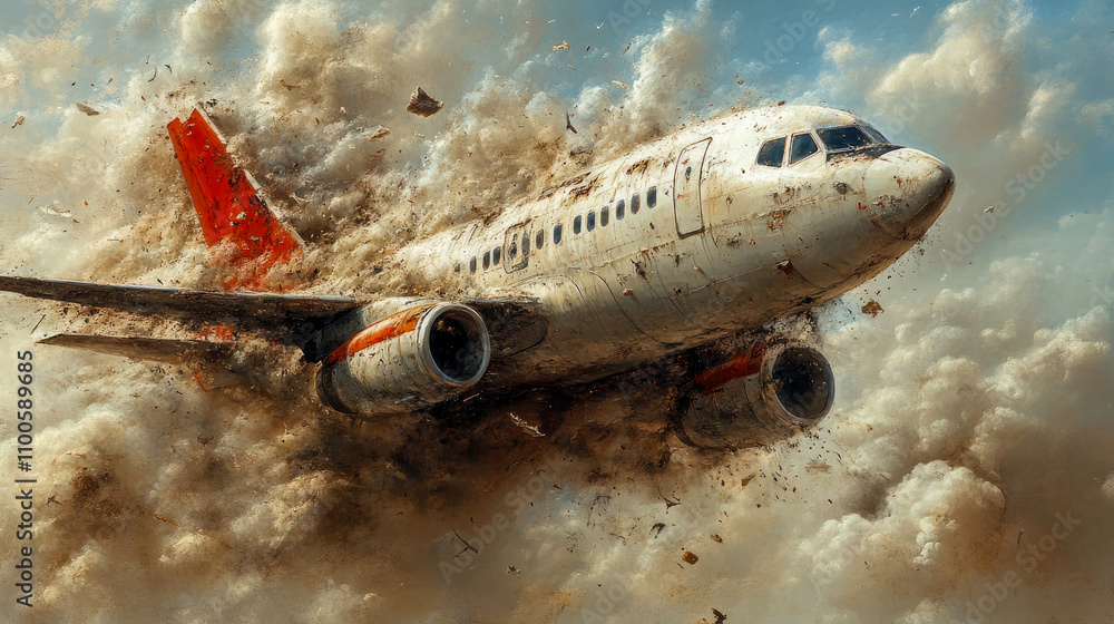 Fototapeta premium An airplane crashes dramatically, creating a massive explosion and a thick cloud of smoke and debris in a clear blue sky during daytime
