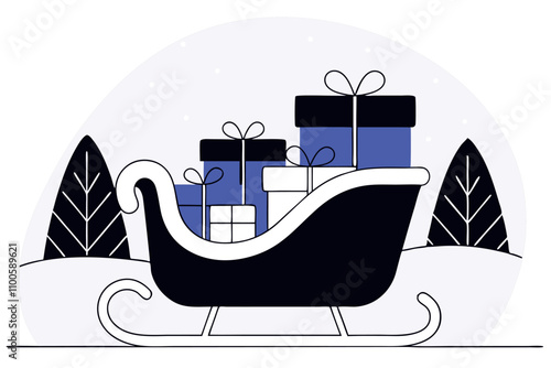Santa's sleigh with gifts for Christmas and New Year. Vector flat illustration