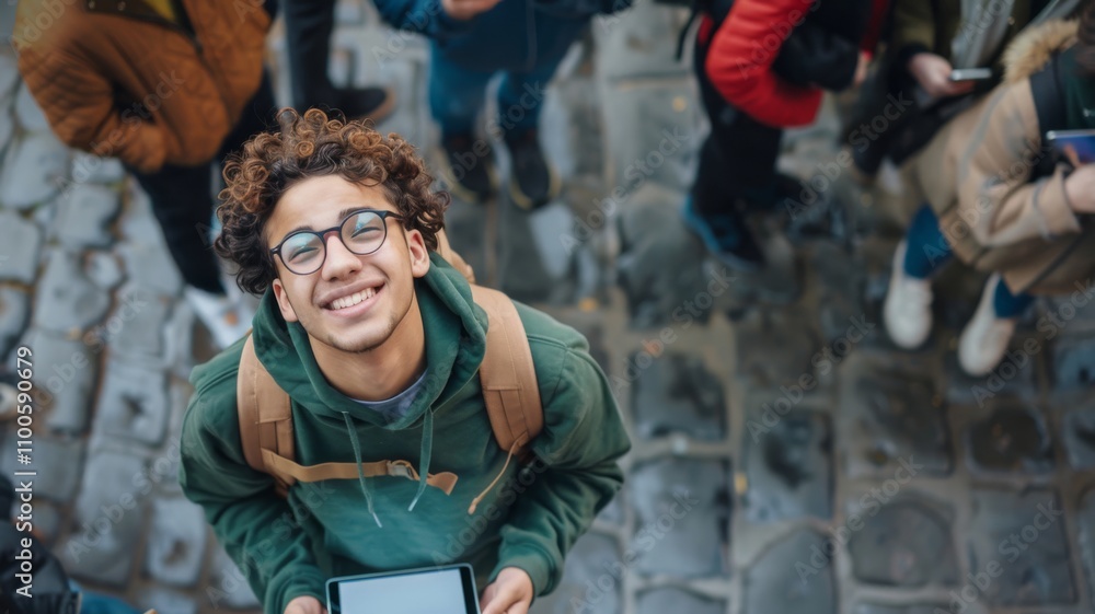 Obraz premium Young student man wearing glasses and a green hoodie is holding an iPad tablet in his hands, looking up at the sky with hope while standing on a street in Europe