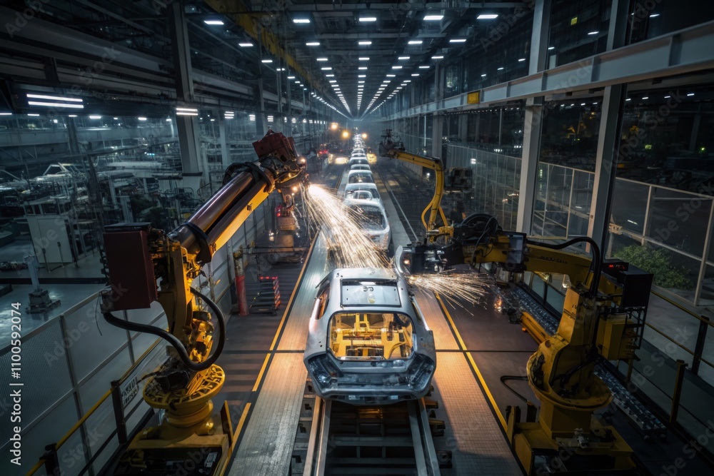 Fototapeta premium Advanced robotics in automotive manufacturing showcasing automated assembly line process at night