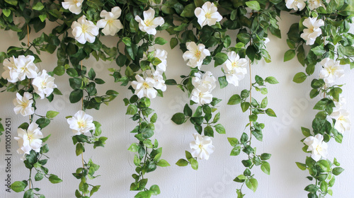 vibrant display of jasmine vines with profuse white flowers cascading elegantly. This lush arrangement brings fresh and lively atmosphere to any space photo