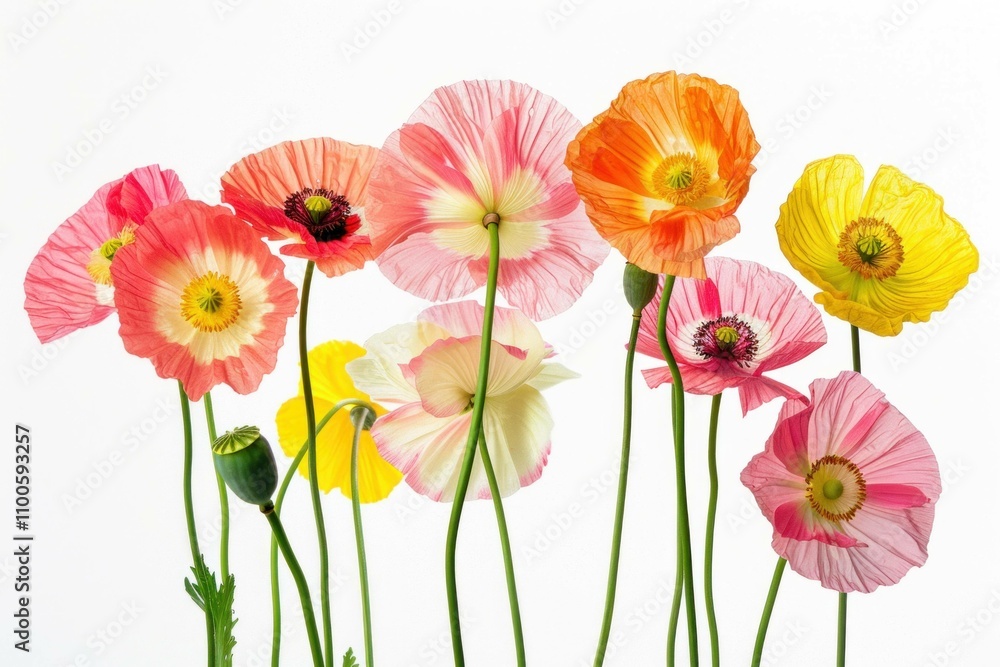 Obraz premium Beautiful and colorful poppy flowers arranged in a stunning display, showcasing their delicate petals and vibrant hues against a white background.