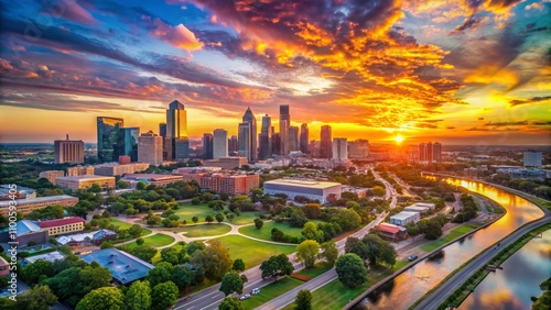 Breathtaking Aerial View of the Irving, Texas Skyline at Sunrise, Capturing the Vibrant Colors of Summer and the Urban Landscape in Stunning Detail