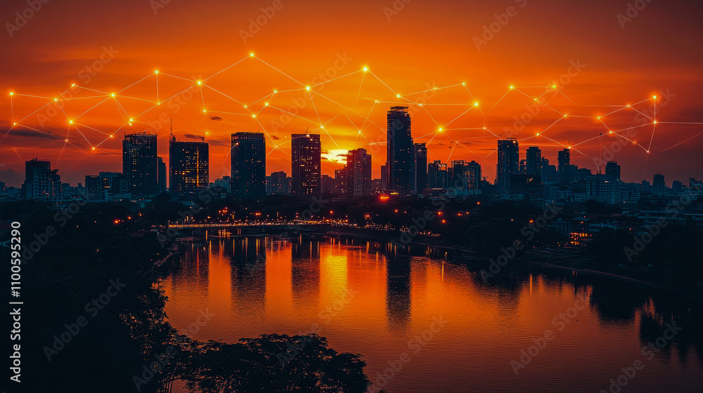Fototapeta premium Silhouettes of tall buildings and a calm river reflect the vibrant sunset, with digital connections illustrated in the sky above the cityscape