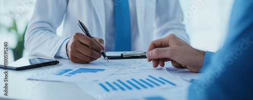 A tax consultant explaining the basics of income tax to a young professional, with charts on the desk