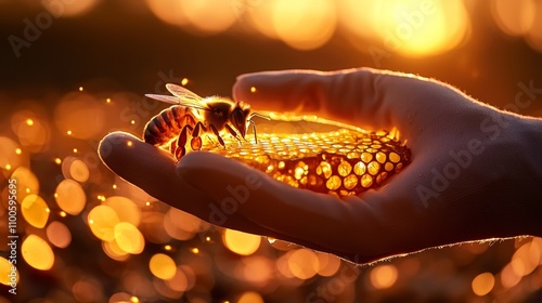 Close-up of gloved hand removing honeycomb from hive, bees calmly surrounding, warm sunset glow illuminating honey cells photo