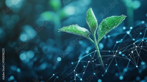 Plant sprout isolated on a blue geometric background with wireframed light connection structures. This is a biotechnology concept rendered in low poly. photo