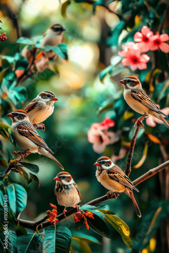 A group of small, cute birds perched on a branch in a vibrant spring garden, surrounded by pink flowers, lush green leaves, and blooming trees.