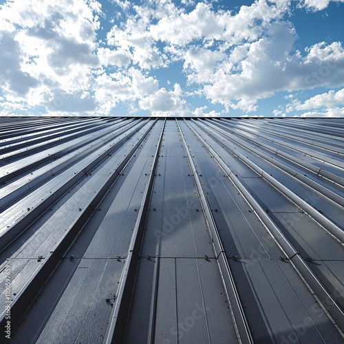 Modern grey metal roofing with exposed fasteners and black accents, modern, roofing, building, industrial, exposed