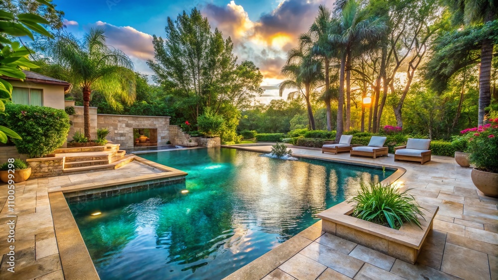 Fototapeta premium Candid Photography of a Serene Travertine Pool and Spa Surrounded by Lush Greenery and Relaxing Atmosphere for Ultimate Luxury and Comfort