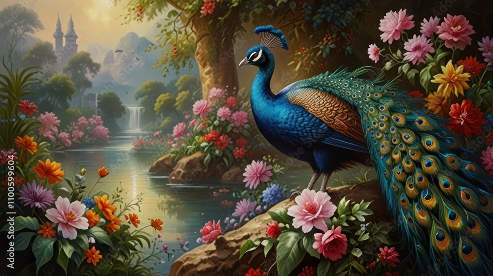 Fototapeta premium Majestic peacock amidst vibrant flowers and a serene landscape, near a waterfall and castle.