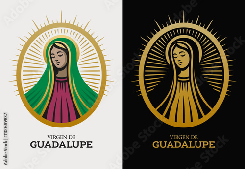 Virgin of Guadalupe, catholic Mexican holy mother saint stylized illustration oval design 