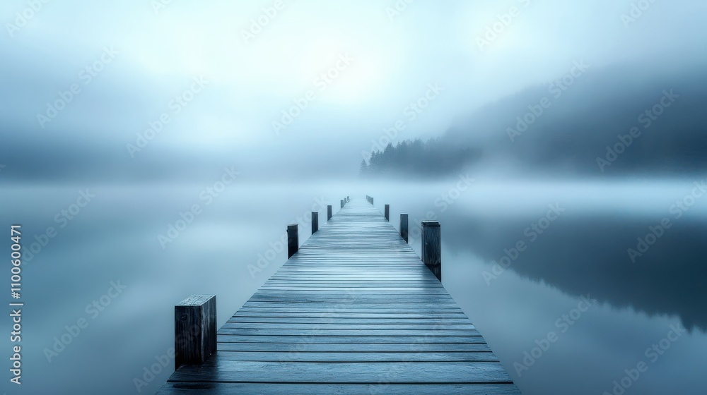 Obraz premium tranquil wooden pier extending into misty mountain lake, mystical dawn light, reflection in water