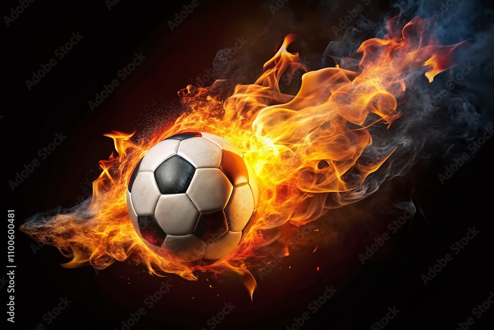 Fototapeta premium Captivating Aerial Shot of a Flaming Football Soaring Through the Air Against a Dark Backdrop, Emphasizing the Intensity and Motion of the Blaze