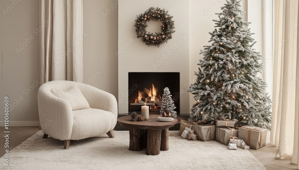 Fototapeta premium Cozy holiday living room with christmas tree and fireplace modern aesthetic winter wonderland warm ambiance