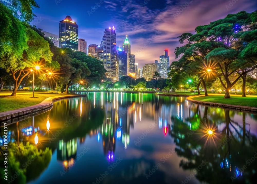 Naklejka premium Captivating Architectural Photography of Lumpini Park at Night, Illuminated by Vibrant City Lights and Reflections in the Water, Showcasing Modern Bangkok's Urban Charm