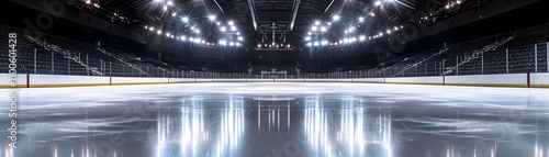 Hockey ice rink in a large empty stadium, seats in dark shadow, crisp white lines on the ice, lights reflecting across the rink photo