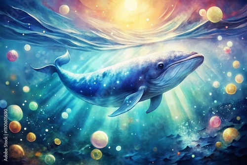 Captivating Bokeh Effect Illustration of a Keith Sperm Whale Swimming Gracefully in the Ocean, with Soft Watercolor Hues and Dreamy Background Depth photo