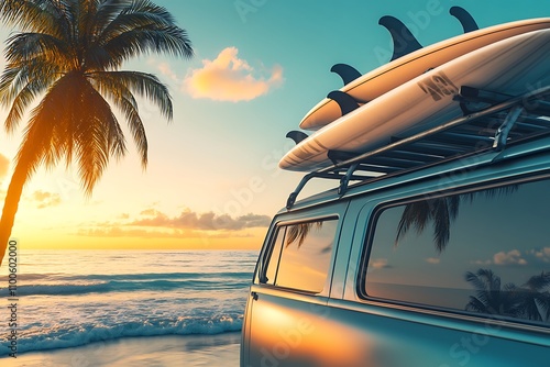 surfer board on a van at the beach
