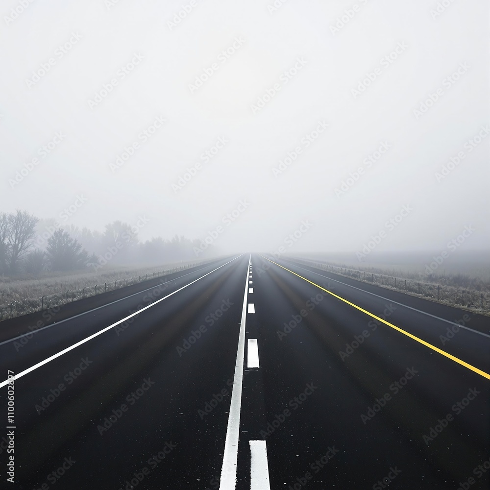 Fototapeta premium Highway with road markings under foggy weather, highway, cars