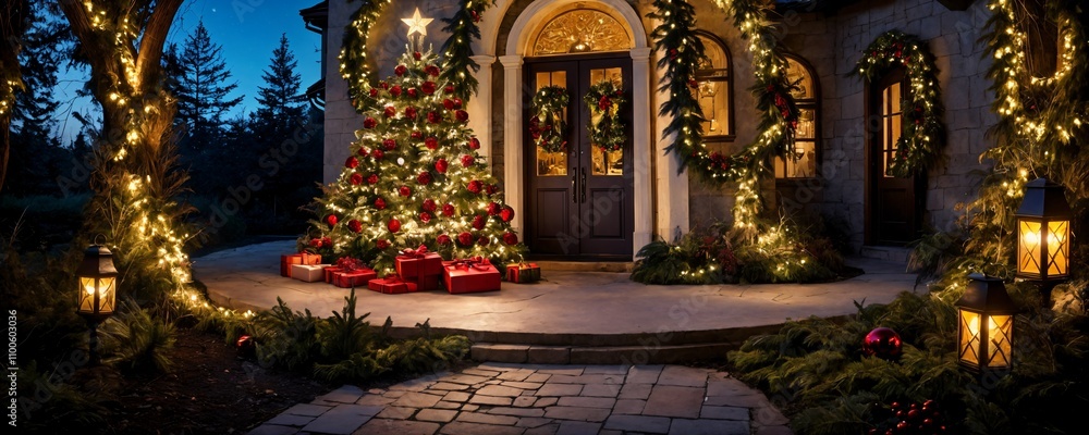 Fototapeta premium Whimsical Merry Christmas and Happy New Year Atmosphere Featuring Iconic Landmarks, Glittering Stars, and Festive Decor for Joyful Seasonal Holiday Designs