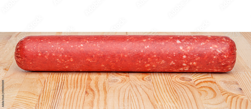 Sausage stick on wooden background. Pork beef sausage.