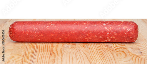 Obraz na płótnie Sausage stick on wooden background. Pork beef sausage. w salonie