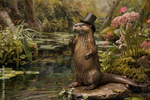 Otter wearing a top hat splashes joyfully in a river surrounded by rocks and water on a sunny day photo